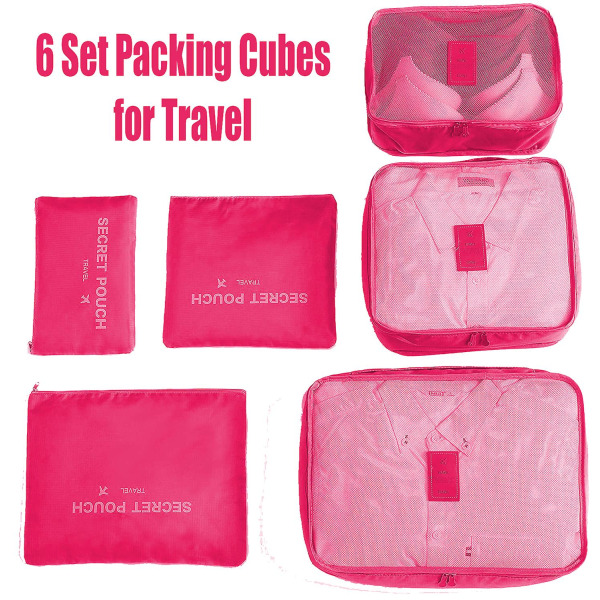 6st Packning Kuber Bagageväskor Organizer Hållbar Rese Resa Bagageförpackning Organizer Set Med Toalettväska Rosa