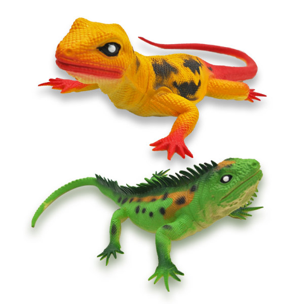 2 stycken simulerad ödla ljudleksak mjuk gummi reptilmodell, nypa kan ringa den stora ödlan för att spela trick och ventilera leksaker