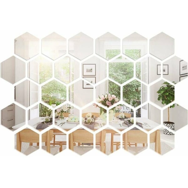 36 stk. Akryl Hexagon Spejle, Selvklæbende Fleksibel Spejlplade DIY Kunst Spejl til Stue Soveværelse Badeværelse