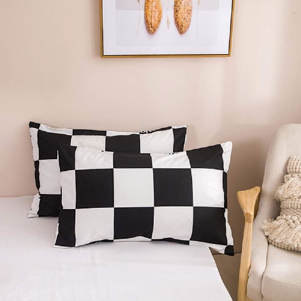 Rutiga påslakan + 2 x örngott - Svartvitt geometrisk vändbart sängklädesset 2 personer Vuxen med dragkedja (220x240cm)