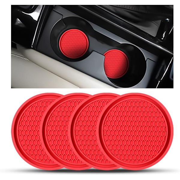 4 st Bilstödsunderlägg, 7cm Halksäkra Silikon Auto Insats Koppsunderlägg, Halksäkra Bilkoppsmattor för De Flesta Bilar Lastbilar (Röd)