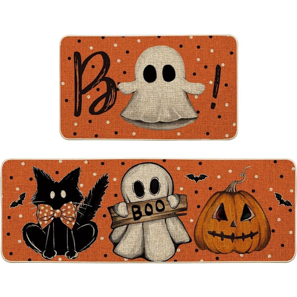 Spökpumpa Katt Boo Halloween Köksmattor Set om 2, Svart Heminredning Lågprofil Köksmattor för Golv - 15,75x23,62 och 15,75x47,24Tum