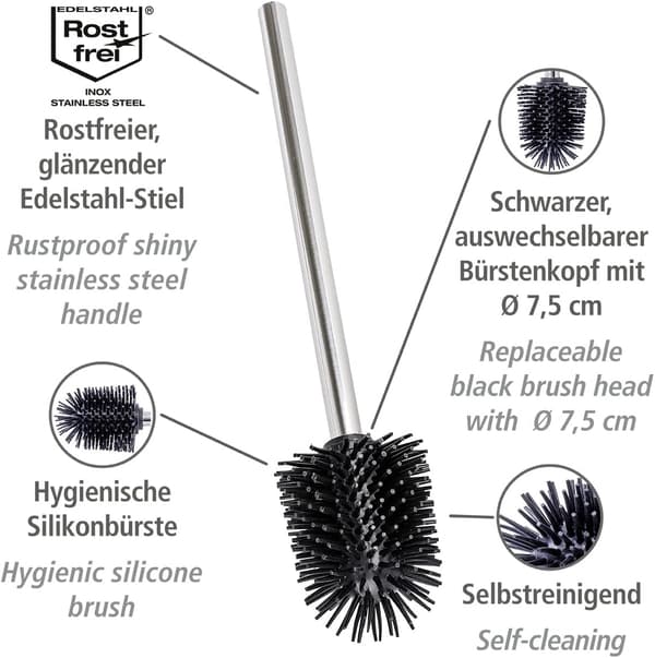 Silikonbørste med rustfritt stålhåndtak Toalettbørste med utskiftbart silikonhode Skinnende