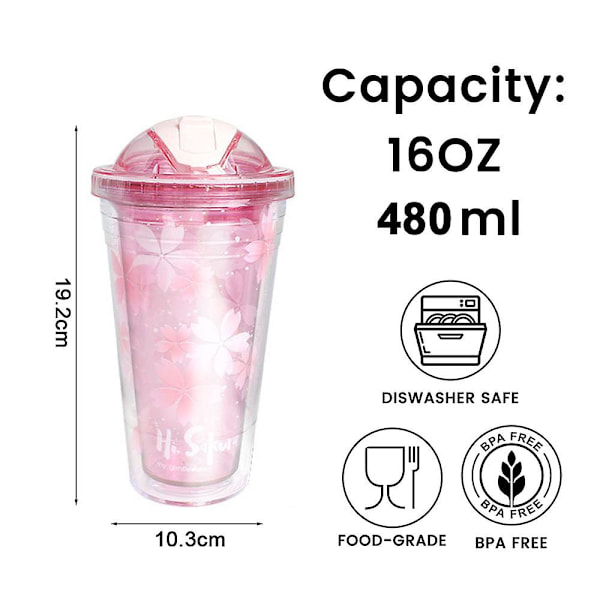 480ml iskopp, plast vannkopp, sommerstrå, håndholdt kopp, søt bærbar vannkopp pink