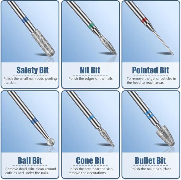 13-delt neglefilsæt - 3 wolframcarbid-borebits - 3 borebits - 6 diamantborebits - 1 børste - 1 3/8\" borebit