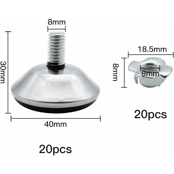 20 stycken Möbelben M8 x 30mm Nivelleringsfot Möbelfötter Justerbar Skydd med M8 Klo-mutter