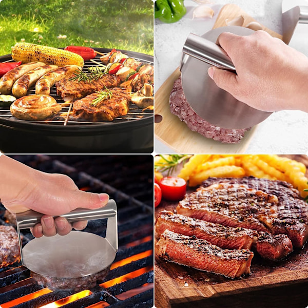 Hamburgarpress i rostfritt stål - Professionell rund hamburgarpress - Lätt att rengöra BBQ-tillbehör - Non-stick - Stark och hållbar (Runt metallhandtag)
