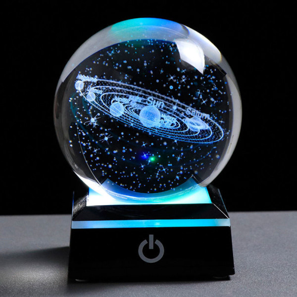 3D Solar System Crystal Ball med LED färgbyte | 80 mm graverad