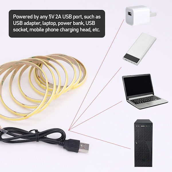 5V USB COB LED Strip Ljus Kallvit 6500K IP65 Vattentät CRI 93+ USB-driven 16 ft/5M 320LEDs/M Flexibla LED-tejplampor