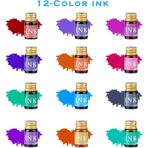Glass Dip Pen Ink Gavesett 16 Pakning, 2 Kalligrafi Krystall Dip Pen med 12 Farge Tegneblekk med Holder og Rengjøringskopp