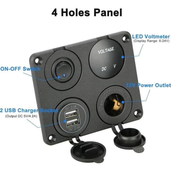 4-i-1 laderkontaktpanel, 12V 4.2A dobbel USB-laderkontakt strømuttak & LED voltmeter - Blå