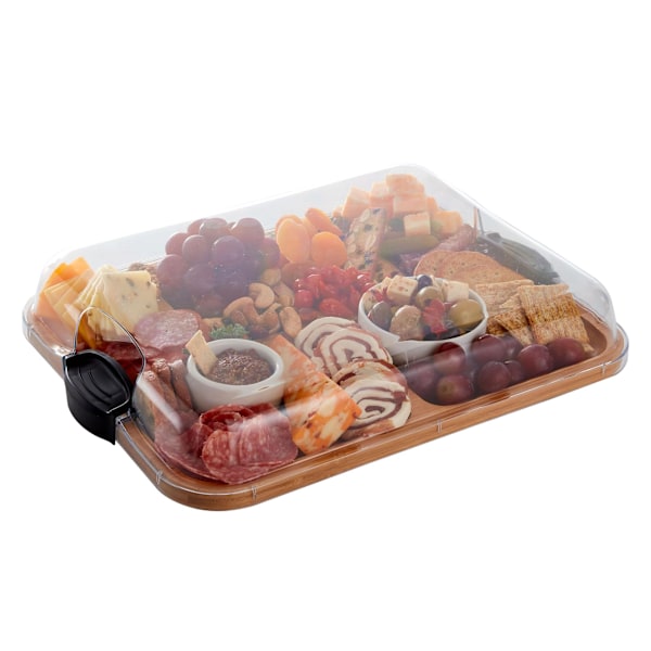 Skärbräda med fack och transparent låslock för tillagad mat, snacks, bambu med transparent lock