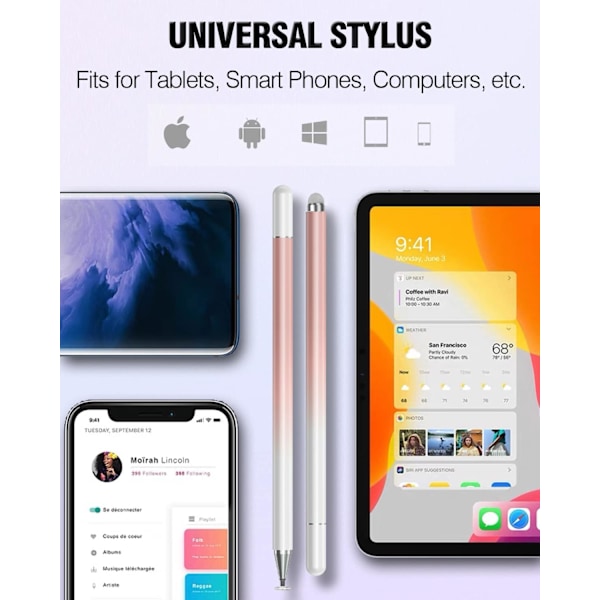 Styluspennor för pekskärmar, 2 i 1 Hög Precision Universell Styluspenna för iPad Kompatibel Alla 3-pack - Blå, Rosa, Lila