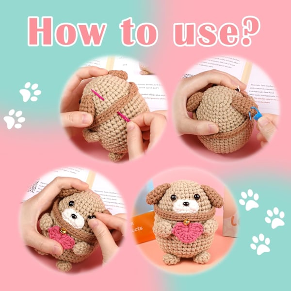 Heklesett for nybegynnere, Heklegarnsett med dyremotiv Bomull-Nylon Blandingsgarn Hund Heklesett Inkluderer Instruksjoner og Videoopplæringer style 1