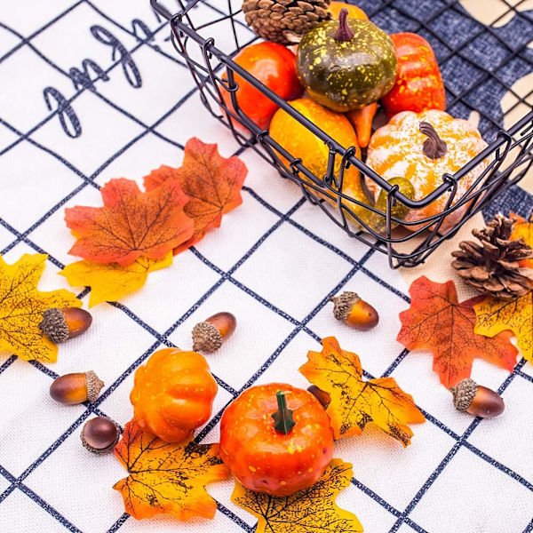 50 st konstgjorda pumpor och gourder Thanksgiving-set, 8 st falska pumpor, 12 st kottar och ekollon, 30 st falska lönnlöv höst