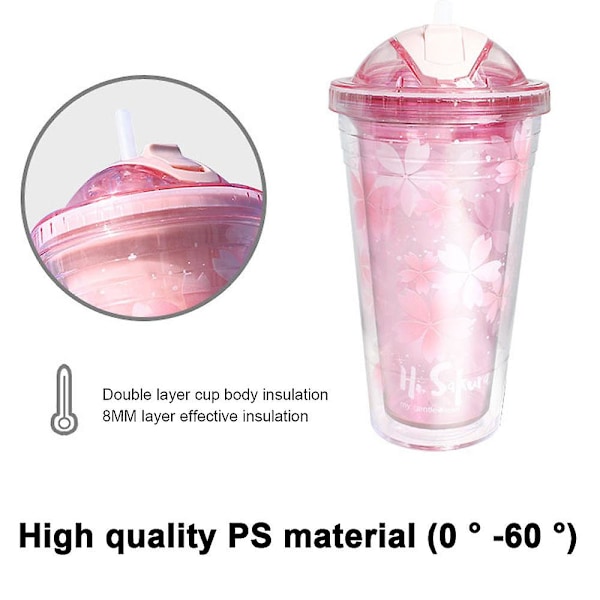480ml iskopp, plast vannkopp, sommerstrå, håndholdt kopp, søt bærbar vannkopp pink