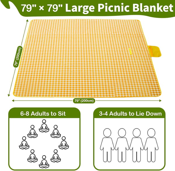 Picnic Tæppe Vandtæt, 200 X 200 cm, Camping Strandtæppe Vaskbart Foldbart, Campingtilbehør til Udendørs Aktiviteter (Gul) Yellow