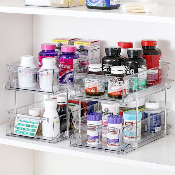 2 Set, 2-nivåers genomskinlig arrangör med avdelare för skåp, MultiUse utdragbar förvaringsbehållare, medicinförvaringsbehållare, under diskbänksorganisering