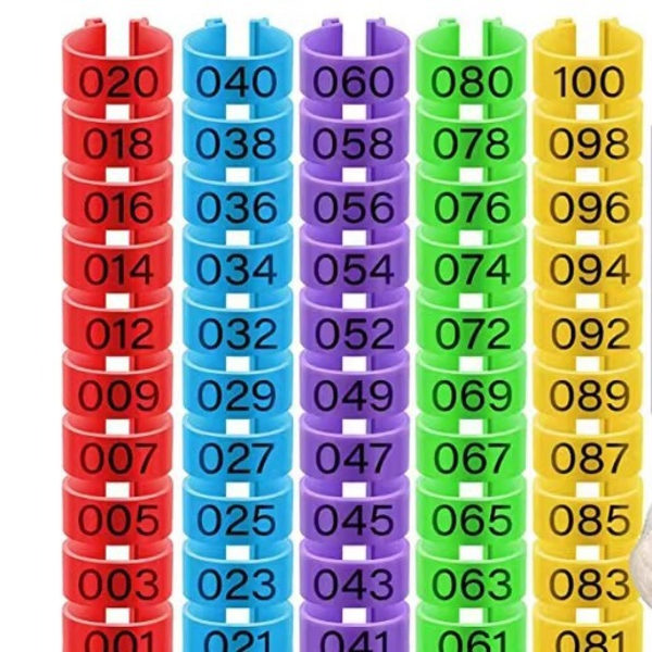 100 st 16 mm medelstora kycklingbenringar i flera färger, kycklingidentifieringsbenband numrerade klämmor på benringar för passform 1/2 till 5/8 tum ben
