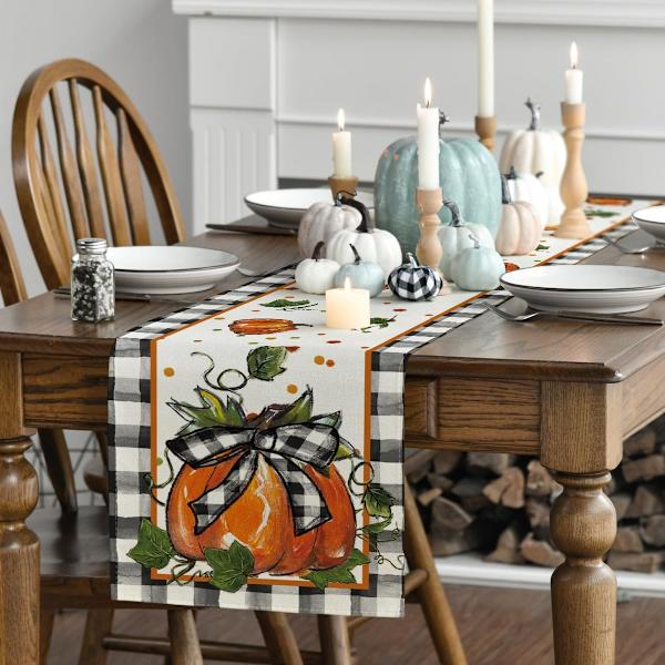 Gresskar Sløyfe Buffalo Plaid Høst Bordløper, Sesongbasert Høst Kjøkken Spisebord Dekorasjon for Hjemmefest Dekor 13x72 Tommer