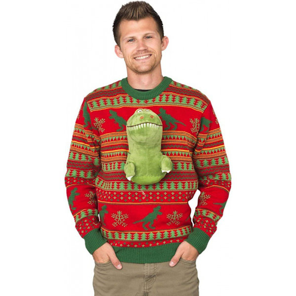 3D T-Rex Röd och Grön Vuxen Jumper Ful Jultröja XL
