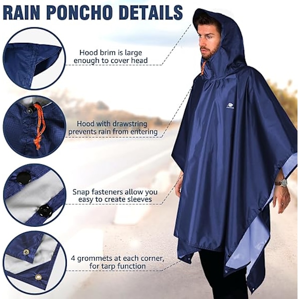 Vedenpitävä sadeponcho, kevyt, uudelleenkäytettävä, hupullinen, yksi koko, laivastonsininen Navy
