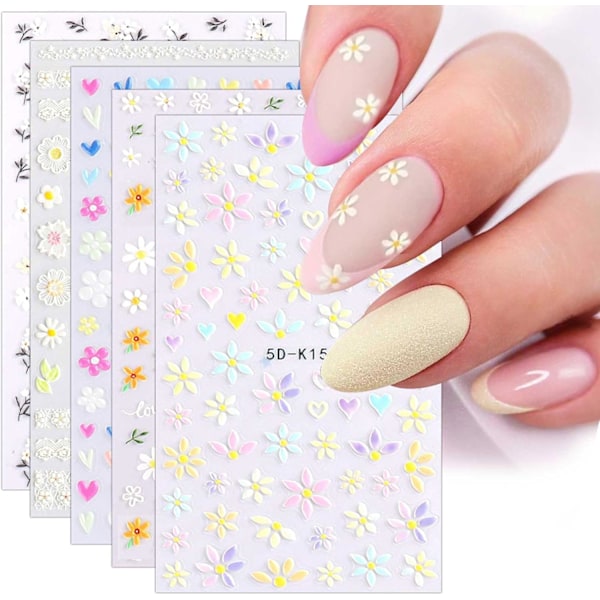 3D Präglade Vårblommor Nagelkonst Klistermärken Dekaler 5 Ark 5D Självhäftande Färgglada Blommande Blommor Nagelmaterial Nagelkonst Design