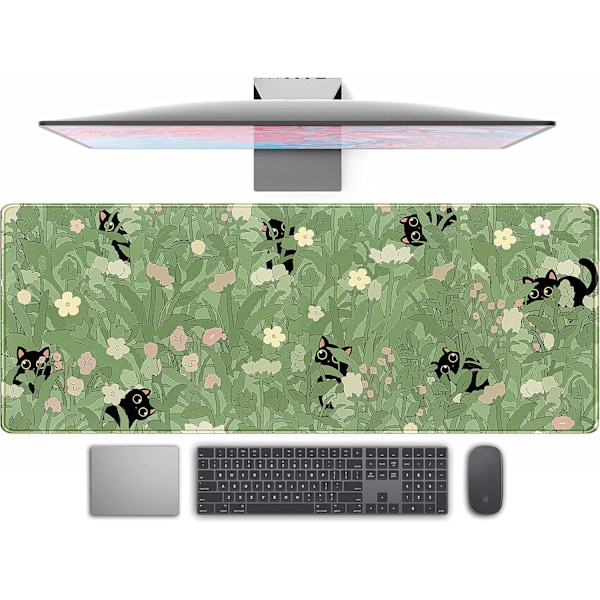 Söt Grön Blad Rosa Blommor Musmatta Skrivbordsunderlägg Kawaii Anime Katt Skrivbordsskydd Dekor Skrivbordsmatta 80x30 cm