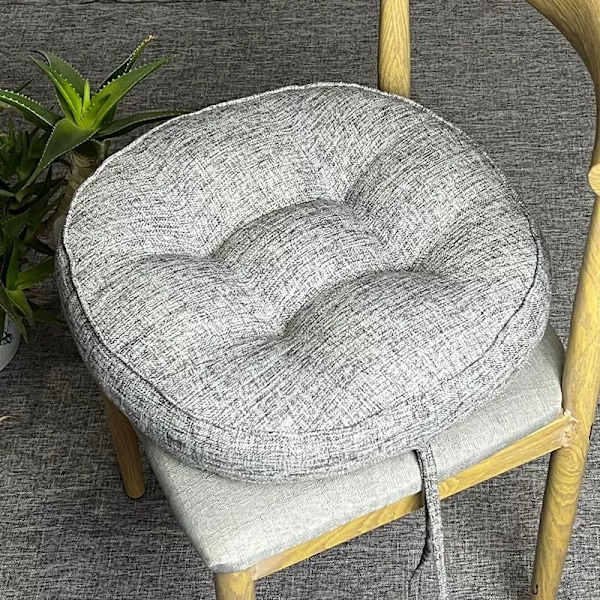 Husartikler 2x Naturlig 40cm x 40cm Rund Sittepute Med Bånd - Bomullsfôret Utendørs Innendørs Polstret Stol Hage Spisegruppe
