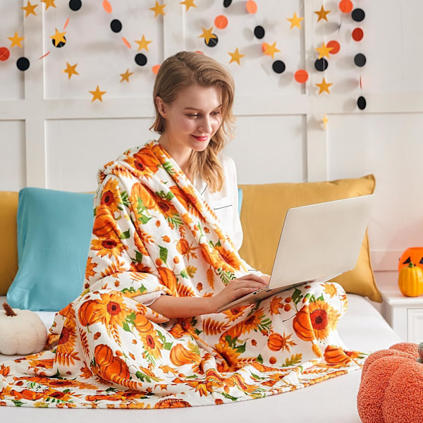 Höstfilt, Pumpablad Höstpläd Filt för Soffa Säng, Orange Rutig Filt för Hösten, (50”x60”)