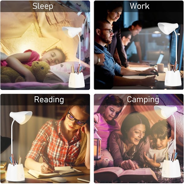 LED-pöytävalaisin, himmennettävä, silmäystävällinen, 3 kirkkaustasoa, USB-ladattava - Kosketuskytkin (valkoinen)