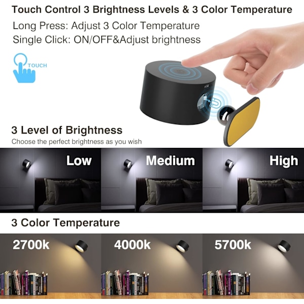 LED Væglampe med 360° Justerbar Belysning, 3 Lysstyrkeniveauer, Touch Kontrol, Vægmonteret Lampe - 1 stk. Sort