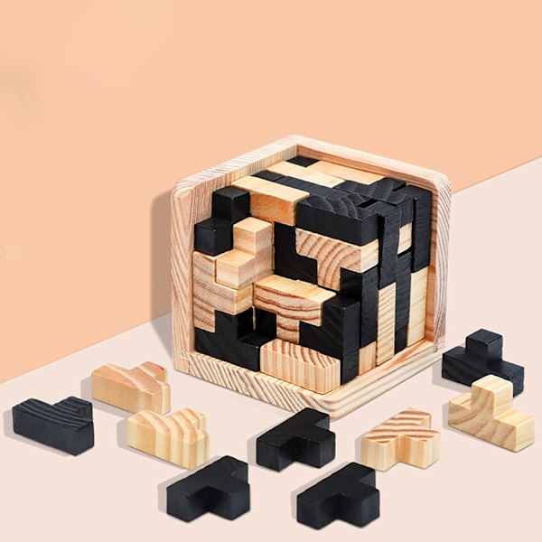 Trä Brain Teaser Pussel Kub Påskkorg Fyllning Träpussel T-Format Jigsaw Logik Pussel Pedagogisk Leksak för Barn och Vuxna T-shaped