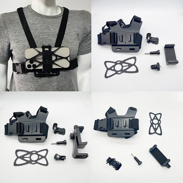 1 universaali säädettävä rintakehän puhelinpidike, yhteensopiva iPhone-, Samsung-, GoPro-, Insta360- ja DJI-actionkameroiden kanssa, sopii POV/VLOG-tallennukseen