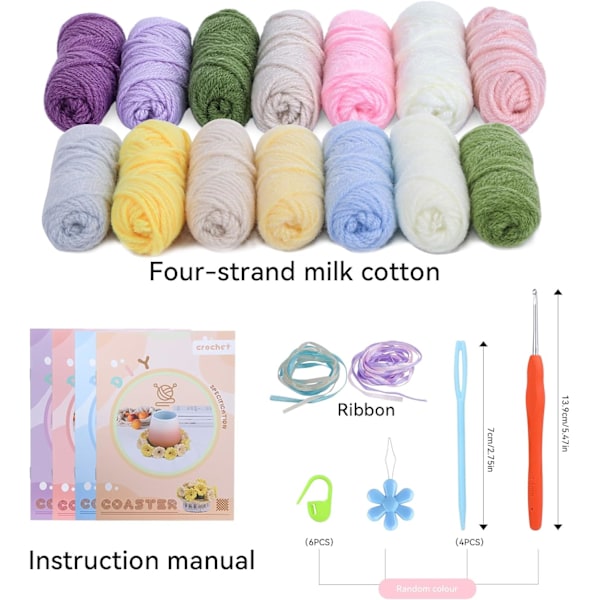 Virka Kit för Nybörjare, 4 st Virkade Underlägg, Blommiga Underlägg Virka Set med Steg-för-steg Videoguider Style 4