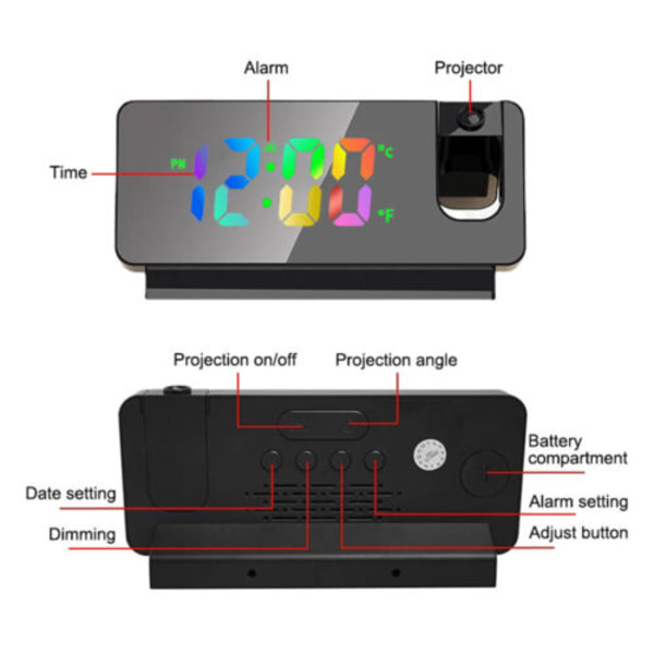 LED Smart Digital Väckarklocka Projektionstemperaturprojektor black