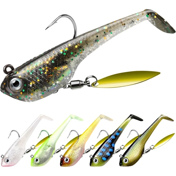 Ferdig riggede myke fiskesluker, vellagde sluker som er enkle å fange fisk med for familiefiske, flotte swimbaits med spinner, alle forhold