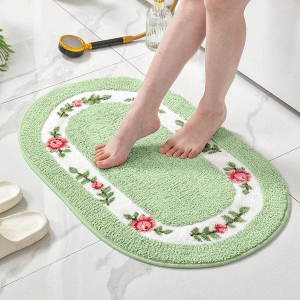 Badeværelsestæpper Romantisk Rose Blomst Langhåret Område Tæpper til Stue Soveværelse Skridsikker Absorberende Bademåtte Køkkenmåtte Dør green 20" X 32"