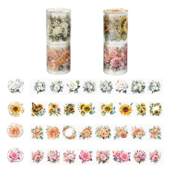 4 Ruller Washi Tape Blomster Planter Transparent Washi Tape Klæbende Tape Washi Tape Klistermærker til Kreativ Scrapbooking, Bullet Journals og DIY