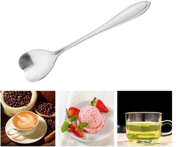 Sæt med 5 hjerteformede skeer i rustfrit stål til kaffe, desserter og te - Ideel til sukker, omrøring, is og kage 5 tommer Silver 5pcs