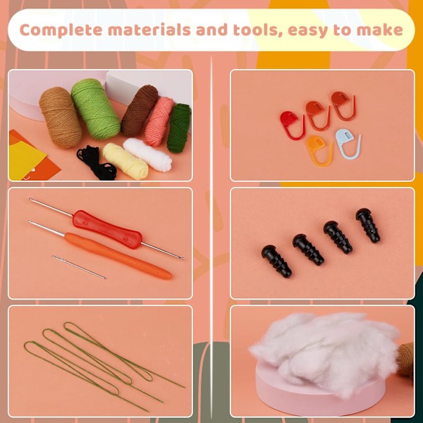 Virkkauspakkaus aloittelijoille DIY-käsitöihin, sisältää virkkuukoukkuja, lankaa, polyesterikuitutäytettä, silmukkamerkkejä ja ohjeet