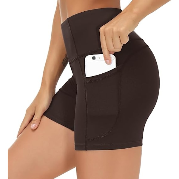Träningsshorts för kvinnor med hög midja, andningsbara Dolphin Split, elastiska lounge yogashorts, bruna L