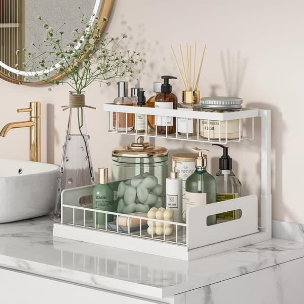 Under Sink Organizer, Pull Out Cabinet Organizer 2 Tier Slide Out Sink Shelf Cabinet Storage Shelves, Under Sink Storage White, 1 Pack