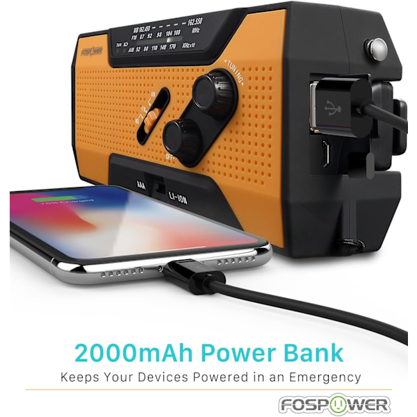 Nödradio (Modell A1) NOAA/AM/FM med 7400mWh Portabel Powerbank, USB/Solar/Handvevsladdning, Batteridriven