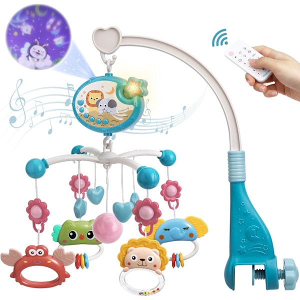 Mini Tudou Baby Musikalsk Sengeuro med Stjerneprojektion & Timerfunktion, Fjernbetjent Musikboks Legetøj til Nyfødte 0-24 Måneder