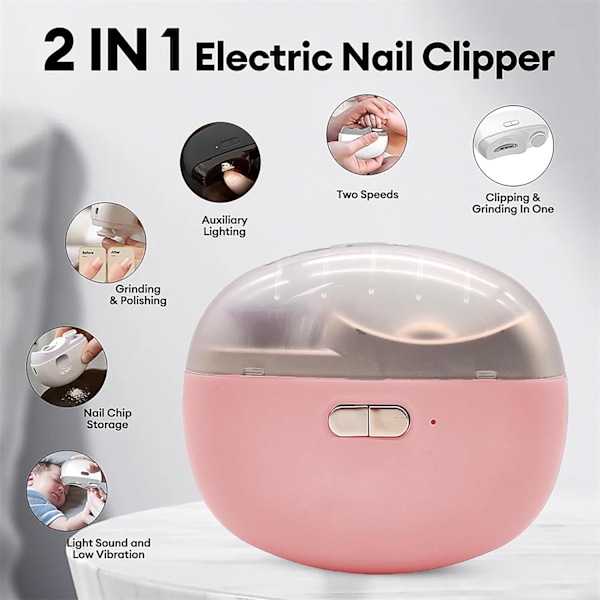 Elektrisk nagelklippare, nagelfil med ljus och 2 hastigheter, uppladdningsbar säkerhet nagelsax för vårdgivare, äldre, barn pink