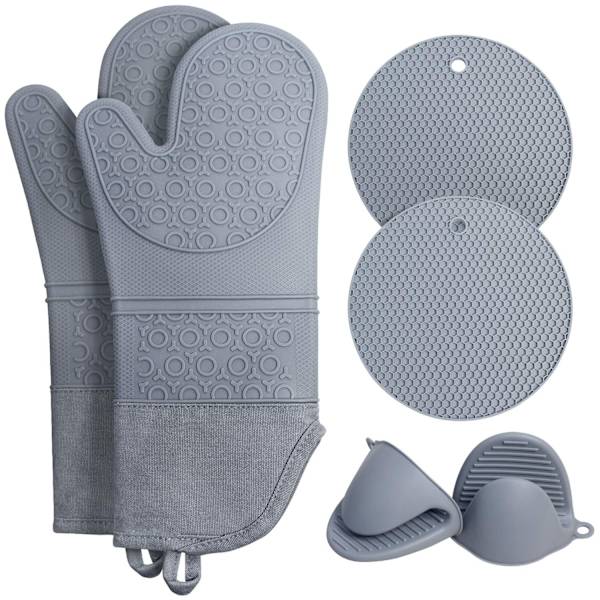 Ekstra Lange Grydelapper og Grydeunderlag Sæt: Varmebestandige Silikone Grydelapper med Mini Grydehandsker og Varme Pads Grydelapper, Grå, Pakke med 6