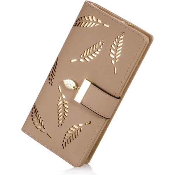 Dam lång plånbok med bladform, läderficka, korthållare, plånbok med dragkedja, elegant handväska för kvinnor - Khaki