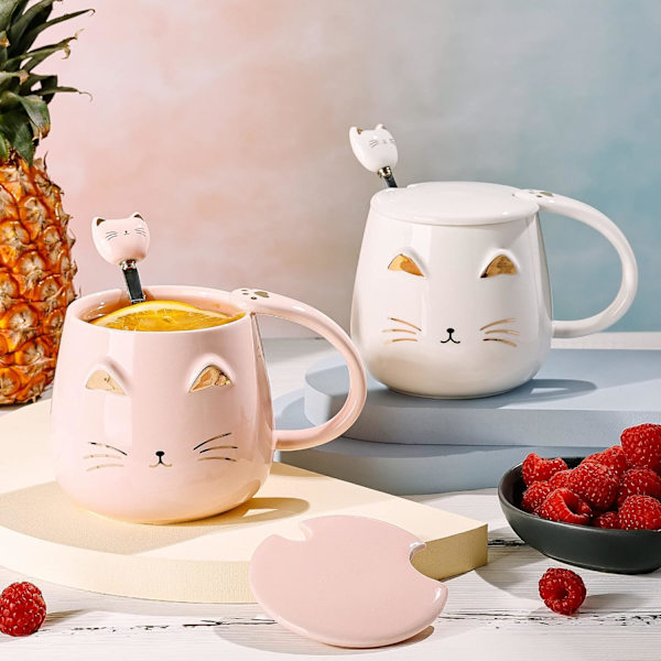 Kattmuggar Set med 2 söta katt tekopp set keramik kaffemugg med lock och sked muggar för flickor kattälskare 13oz/380ml Jul födelsedagspresentmugg