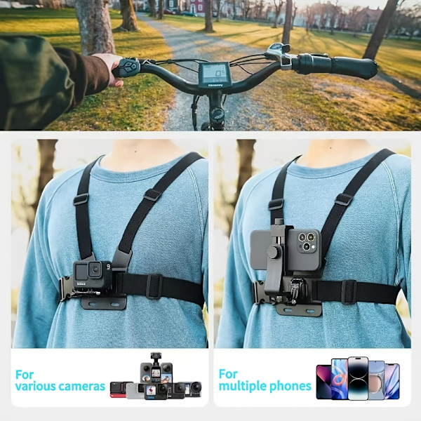 1 universaali säädettävä rintakehän puhelinpidike, yhteensopiva iPhone-, Samsung-, GoPro-, Insta360- ja DJI-actionkameroiden kanssa, sopii POV/VLOG-tallennukseen